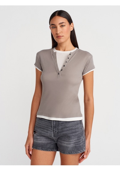 Dilvin 31783 Çift Katlı Düğmeli T-shirt-gri Gri