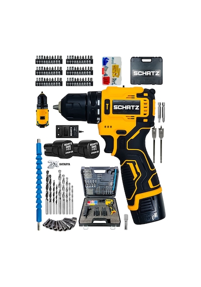 Schatz Profesyonel 12V Kömürsüz Motor Çift Akülü Şarjlı Vidalama Matkap  84 Parça Set Sarı