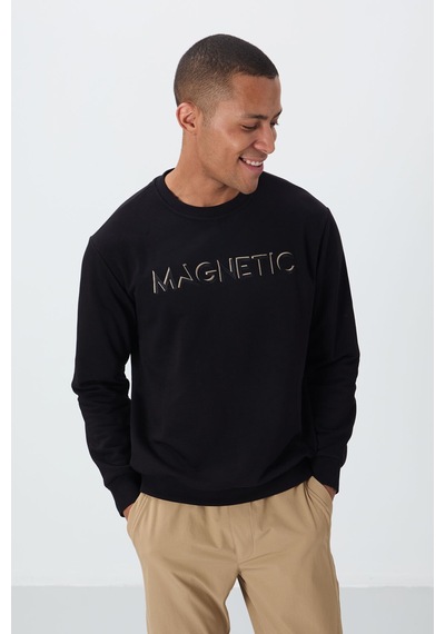 Tommy Life Siyah Yazı Nakışlı O Yaka Rahat Form İçi Polarlı Erkek Sweatshirt - 88020 Siyah