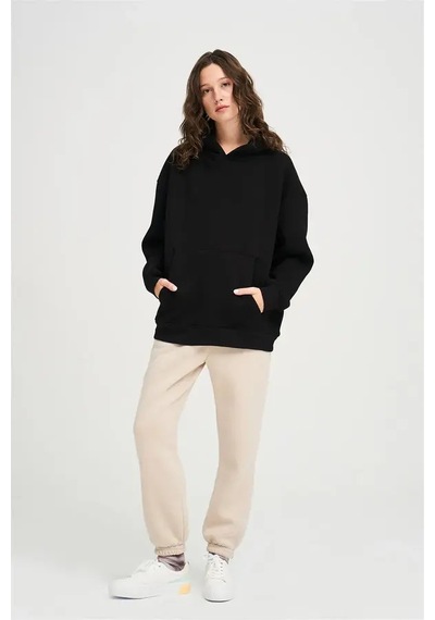 Da Vinci Siyah Oversize Basic Kapüşonlu Hoodie/sweatshirt 3 İplik Siyah