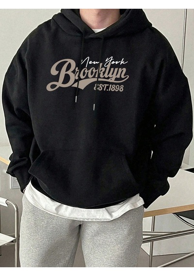 Startmore Startmorebrooklyn New York Est. 1898 Baskı Erkekler Kapşonlu Sonbahar Cep Sokak Şıklığı Gevşek Polar T Siyah