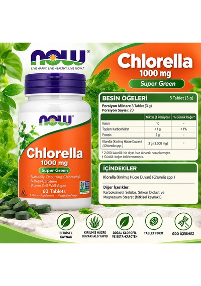 Now Foods, Chlorella Klorofil Ve Beta-karoten Broken Algae 60 Tablets