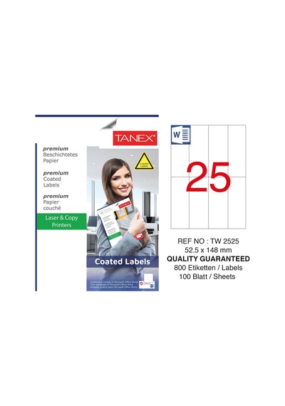 Tanex TW-2525 52.5x148mm Kuşe Lazer Etiket 100 Lü Paket