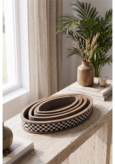 4 Adet Modern Pötikare Damalı Ahşap Oval Sunum Organizer Tepsi Seti Diğer
