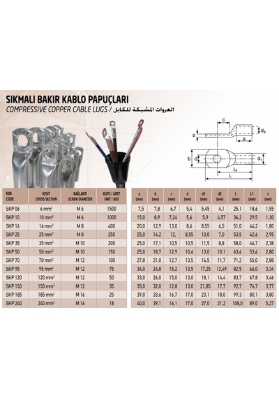 Tamer 10 Adet Sıkmalı Kablo Pabuç Bakır Iletken 70Mm2 M12