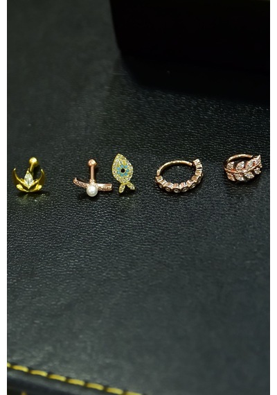 Çelik Üç Renkli 5'li Kombinli Tragus Küpe Model3 Çok Renkli