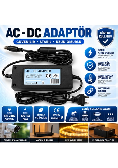 12v 5a 60w Ac Dc Adaptör 220v Girişli Güç Kaynağı