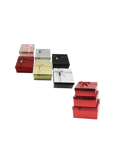 3pcs Kare Parlak Mix Renkli - Kabartma Desen Karton Hediye Kutusu Kurdelalı 19-17-15cm