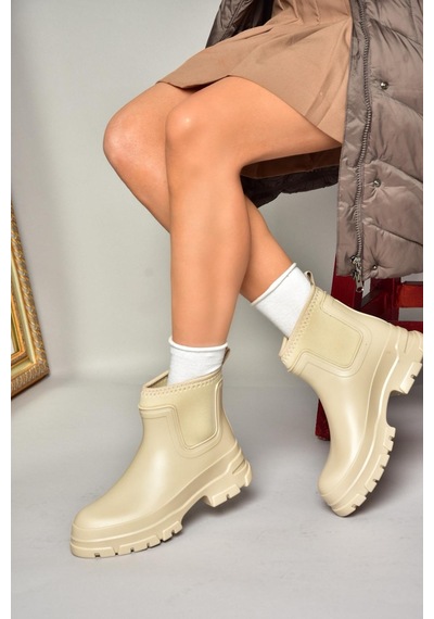 Fox Shoes T858685409 Bej Kalın Tabanlı Yağmur Botu Bej-suni Deri Bej