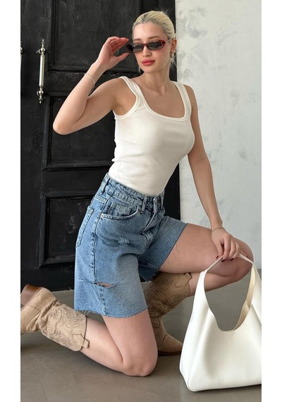 Madmext Mavi Yüksek Bel Yandan Yırtık Kot Şort Mg1477 Mavi