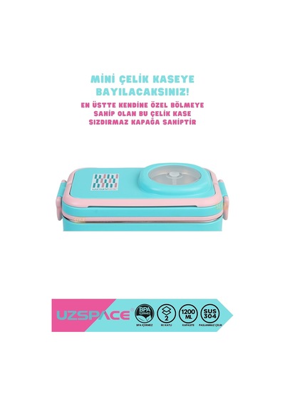 1200ml Lunchbox 2 Katlı 4 Bölmeli Mini Kaseli Çelik Sefer Tası Yemek Kutusu Turkuaz-pembe Çok Renkli
