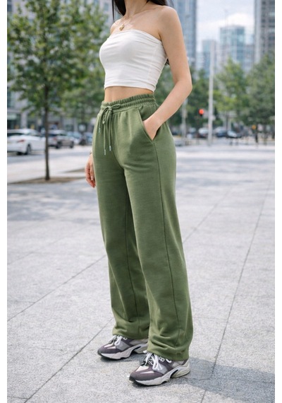 Winmoda34 Kadın Trend Bol Paça Modal Kumaş Eşofman Altı Çift Cepli Wide Leg Haki