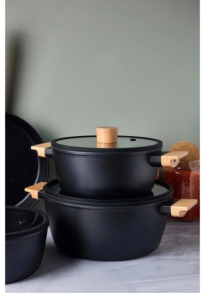 Cookwood Black 9 Parça Tencere Tava Seti Indüksiyon Tabanlı Ahşap Saplı 18080 Siyah