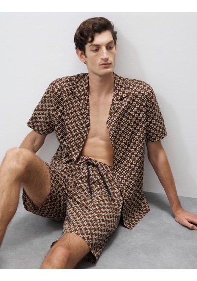 Marks & Spencer Pamuk Karışımlı Geometrik Desenli Pijama Şortu T07001318A Kahverengi