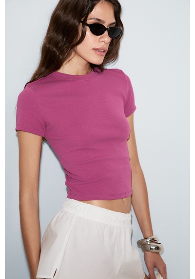 ETHIQUET Ethıquet Zolen Kadın Yumuşak Ve Esnek Kumaşlı Organik Pamuklu Kısa Kollu Crop Fuşya T-shirt