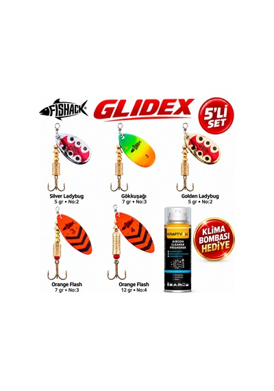 Fishack Glidex 5'li Döner Kaşık Seti + Klima Bombası - Silver Ladybug 5 Gr No:2 + Golden Ladybug 5 Gr No:2 + Orange Flash 7 Gr No:3 + Orange Flash 12 Gr No:4 + Gökkuşağı 7 G
