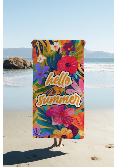 Dijital Baskı Plaj Deniz Havlusu Hello Summer Desenli Peştamal Hvl0095 Renkli