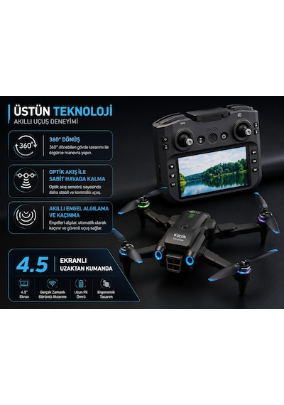 T16 İha Hava Fotoğrafçılığı Dronu 4k Çift Kamera 360 Derece Engel Algılama 4.5 İnç Ekranlı Kumanda 360 Derece Takla Yanıp Sönene Işıklar Sabit Havada Kalma Tek Tuş İniş Kalkış Tek Tıkla Geri Dönüş