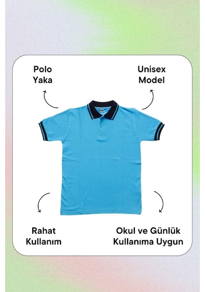 Lacivert Yakalı Turkuaz Kısa Kol Düz Renk 6-17 Yaş Çocuk Okul Lakos Tişört Polo Yaka T-shirt Turkuaz