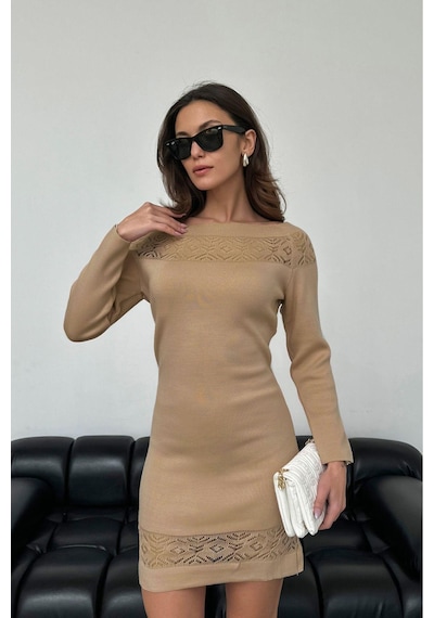 Aqe Fashion Kadın Kayık Yaka Yakası Dantel Detaylı Mint Triko Elbise Camel