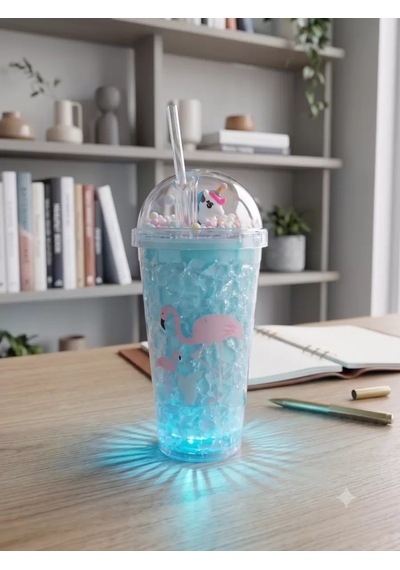 Işıklı Unicorn Ve Flamingo Desenli Çift Katmanlı Jel Buzlu Pipetli Bardak - 450ml - Renk Değiştiren Led Tabanlı Belirtilmemiş