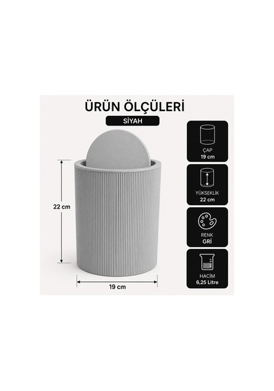 Novaflip Açılır Kapaklı Yuvarlak Çöp Kovası 6,25 L Kompakt & Modern Tasarım 22 19 Cm Gri