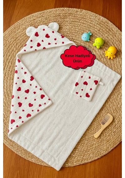 Heianmono Kundak Bebek Banyo Havlusu Dışı Müslin İçi Havlu (%100 Pamuk) (75x75 Cm) (Kalpli) (0 - 24 Ay)
