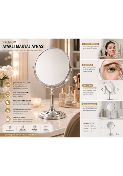 Çift Taraflı Ayaklı Makyaj Aynası 1x + 5x Büyütmeli 360 Döner Krom Metal Masa Aynası