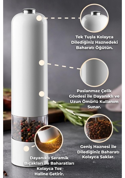 Paslanmaz Çelik Tuz & Karabiber Öğütücü Pilli - Beyaz Çok Renkli