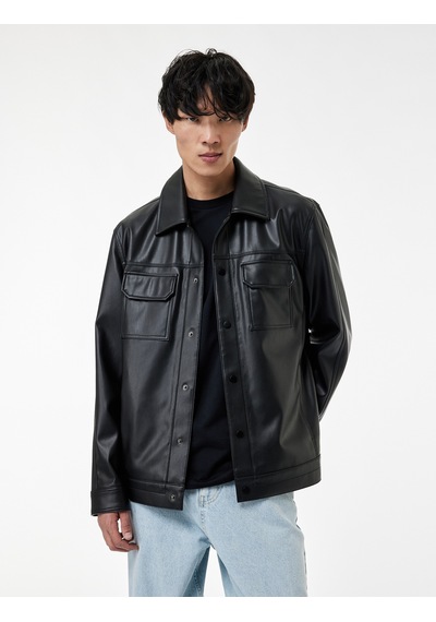 Koton Gömlek Yaka Kapaklı Cepli Uzun Kollu Slim Fit Suni Deri Ceket Siyah 6sam20023hw