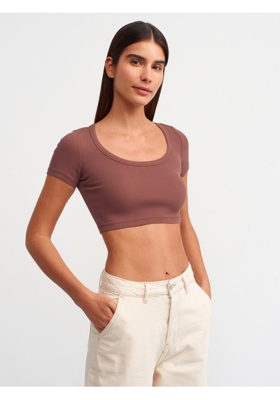 Dilvin Kısa Kollu Crop Top Kahve