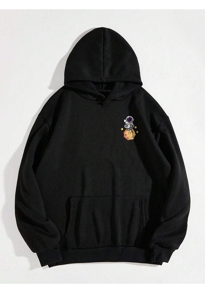 Space Travel Sweatshirt - Siyah Baskılı Oversize Kapüşonlu Siyah