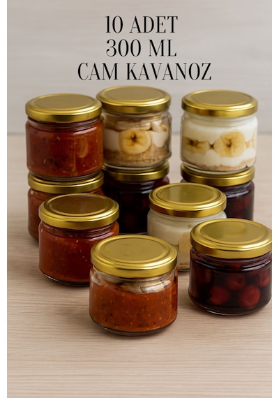 Rotanev Metal Gold Altın Konserve Kapaklı Magnolya ve Gıda Saklama 300 cc Şeffaf Cam Kavanoz 10 Adet 300 ml