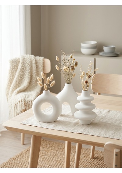 Kaveld Trio Forma El Yapımı 3'lü Dekoratif Vazo Seti, Kemer + Yığma Halka + Donut Form Mermer Tozu & Beton Minimalist Kuru Çiçek Vazosu Beyaz Kaveld Trio Forma El Yapımı 3'lü Dekoratif Vazo Seti, Kemer + Yığma Halka + Donut Form Mermer Tozu & Beton Minimalist Kuru Çiçek Vazosu Beyaz