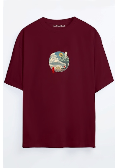 Totoro Anime Baskılı Unisex Siyah - Beyaz Oversize T-shirt Bordo
