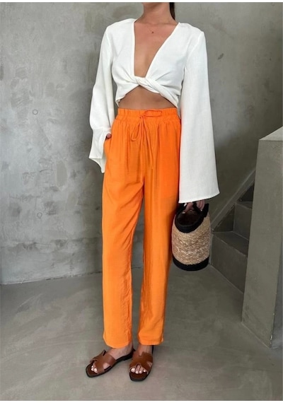 Defymoda Bel Lastik Detaylı Modal Kumaş Pantolon - Orange Orange