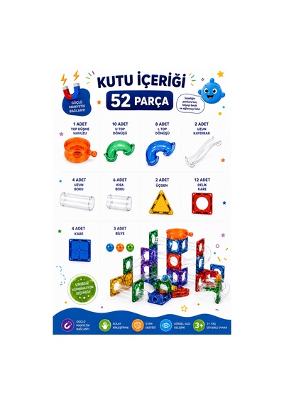 52 Parça Manyetik Karo Boru Seti Stem Eğitici Oyuncak, Bilyeli Manyetik Yapı Ve Parkur Oyuncağı, 3+ Yaş Çocuklar İçin