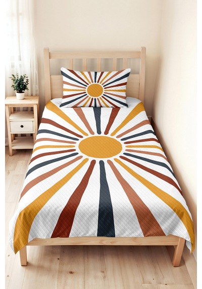 Güneş Işınları Bohem Genç Odası Tek Kişilik Pike Takımı - Retro Kiremit 160x220 Cm Yatak Örtüsü Beyaz