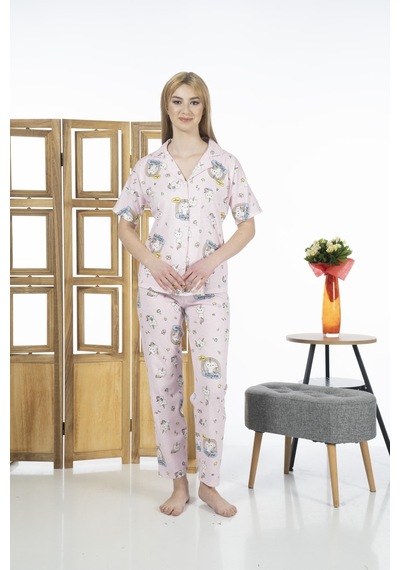 Estiva 24125 Kadın Kittycorn Kısa Kol Önden Düğmeli Yazlık Penye Pijama Takımı 001
