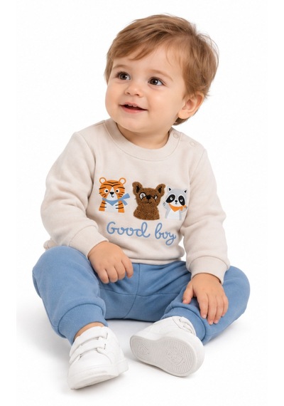 İrem Erkek Bebek Good Boy Yazılı Sevimli Hayvanlar Desenli Yakası Çıtçıt Kapamalı Mavi Renk Takım