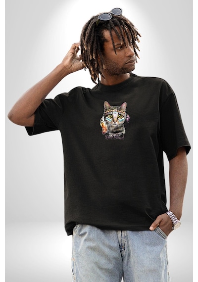 Red Cloud Kedi Hintli Siyah Oversize Unisex Ön Orta Minimal Baskılı Tişört Siyah
