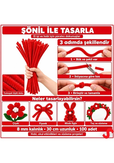 Şönil Çubuk 8 Mm Kalınlık 30 Cm Uzunluk, 100 Adet - Kırmızı
