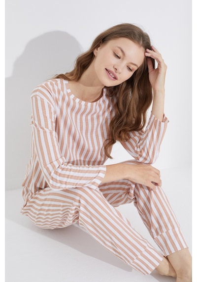 Siyah İnci Jogger Örme Pijama Takım 7703 Vizon Beyaz