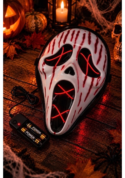 Kırmızı Neon Işıklı Çığlık Maskesi Cadılar Bayramı Halloween Korku Maskesi Tüm Yaşlar