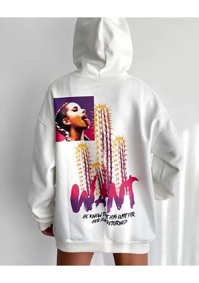 Baskılı Üç İplik Kapüşonlu Oversize Sweatshirt - Beyaz