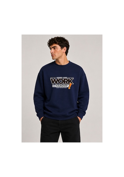 Herkesemoda Work Harder Baskı Detaylı Bisiklet Yaka Şardonlu 2 İplik Sweatshirt Lacivert