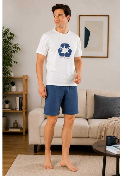 Tenra Erkek Kısa Kollu Şortlu Baskılı %100 Pamuk Pijama Takımı Ev Giyim Beyaz