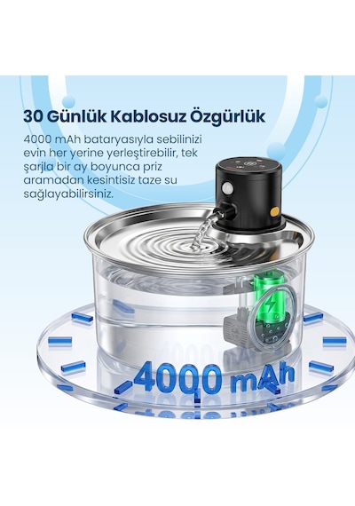 Haustier W2 Otomatik Kablosuz Kedi Su Pınarı, Sensörlü , Bataryalı , Ultra Sessiz, Çelik , 3.2lt Hazne