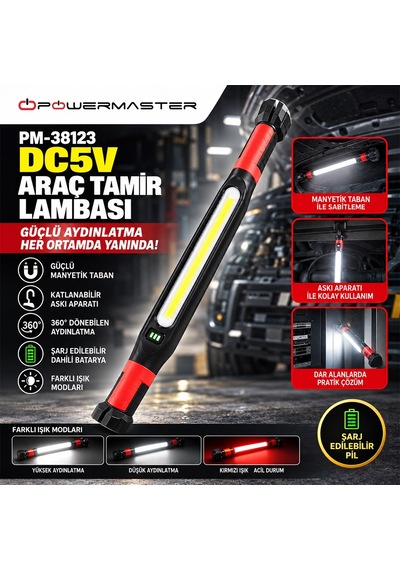 Powermaster Pm-38123 Dc 5v Şarjlı Manyetik Taban Askı Aparatı Çoklu Işık Modu Araç Tamir Lambası