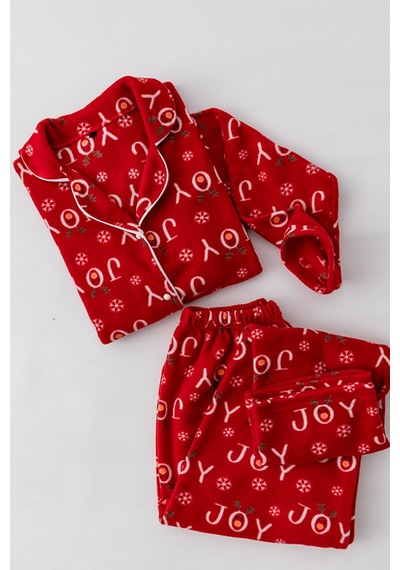 Nisanca Kışlık Yılbaşı Desenli Kadın Gömlek Polar Pijama Takımı- Geyikli Yılbaşı Pijaması- Büyük Beden Pijama Kırmızı